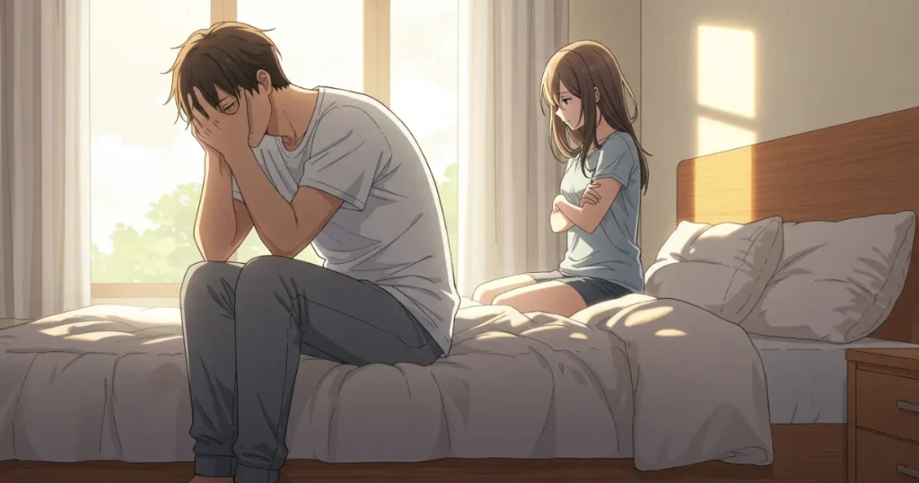 中折れに悩む男性と落ち込んでいる女性のイラスト