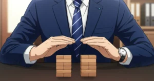 男性が木のブロックを半分にしているイラスト
