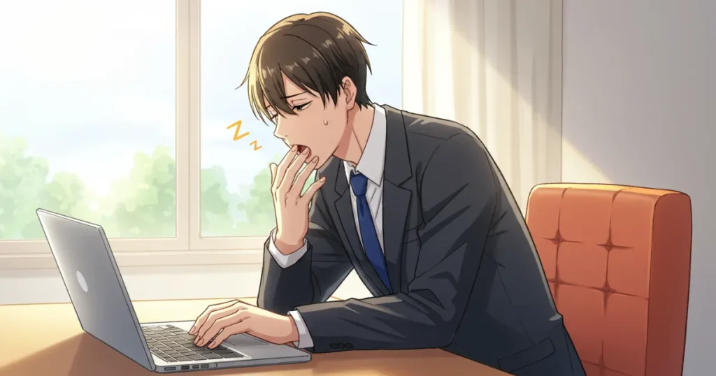 睡眠不足で眠たそうにしながらパソコンを操作しているEDの男性のイラスト