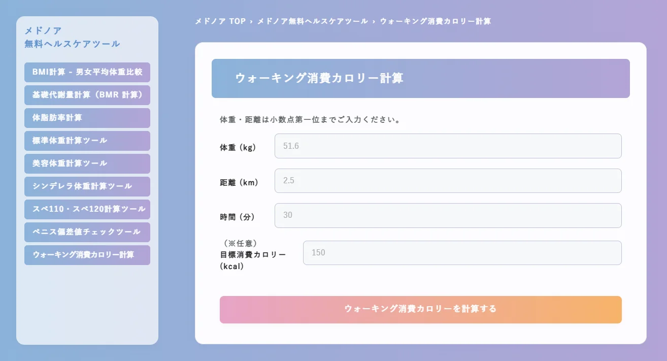 ウォーキング消費カロリー計算 - メドノア無料ヘルスケアツール