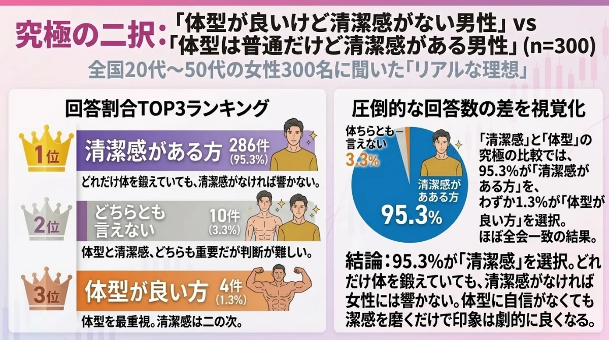 究極の二択:「体型が良いけど清潔感がない男性」vs「体型は普通だけど清潔感がある男性」