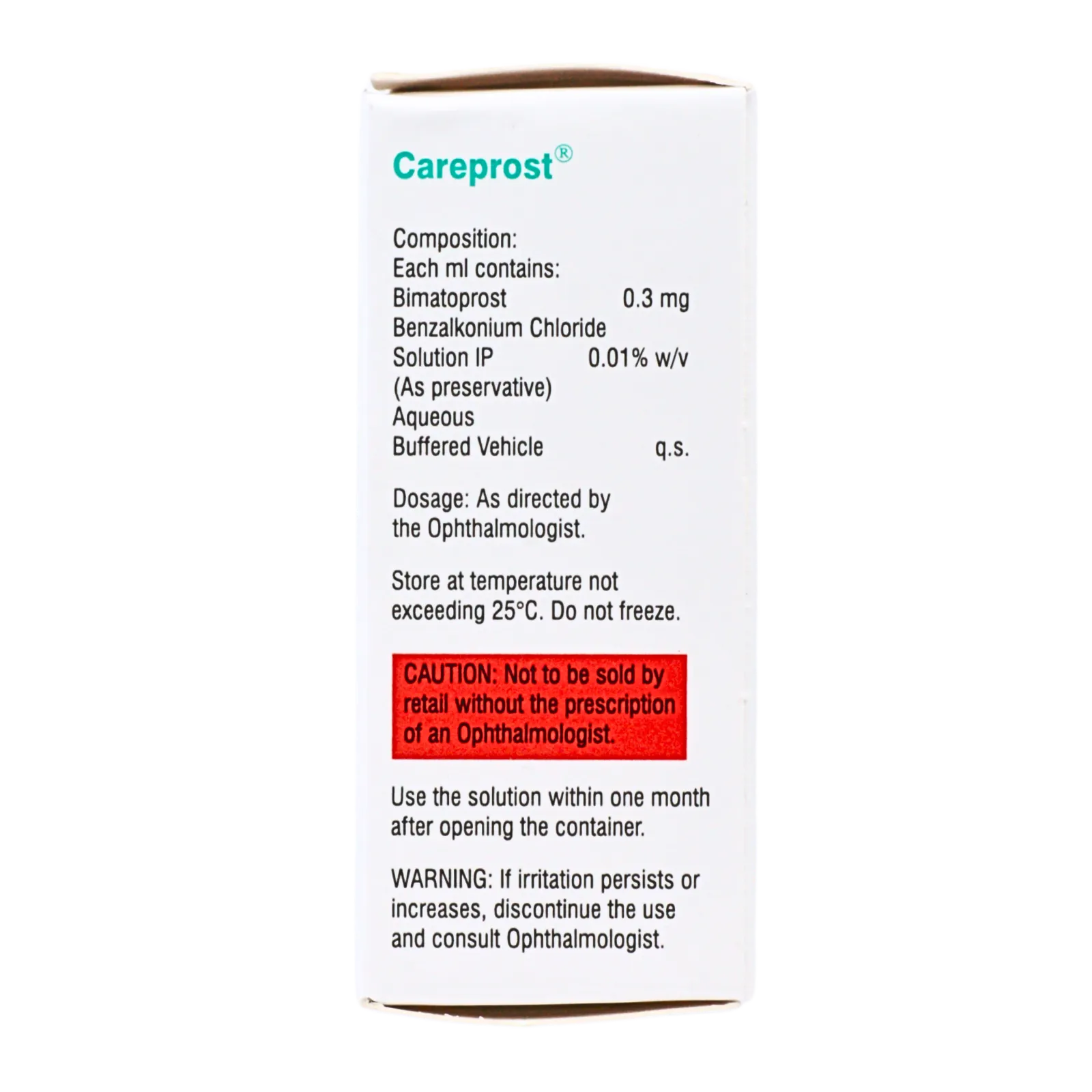 ケアプロスト（Careprost）の箱（側面2）