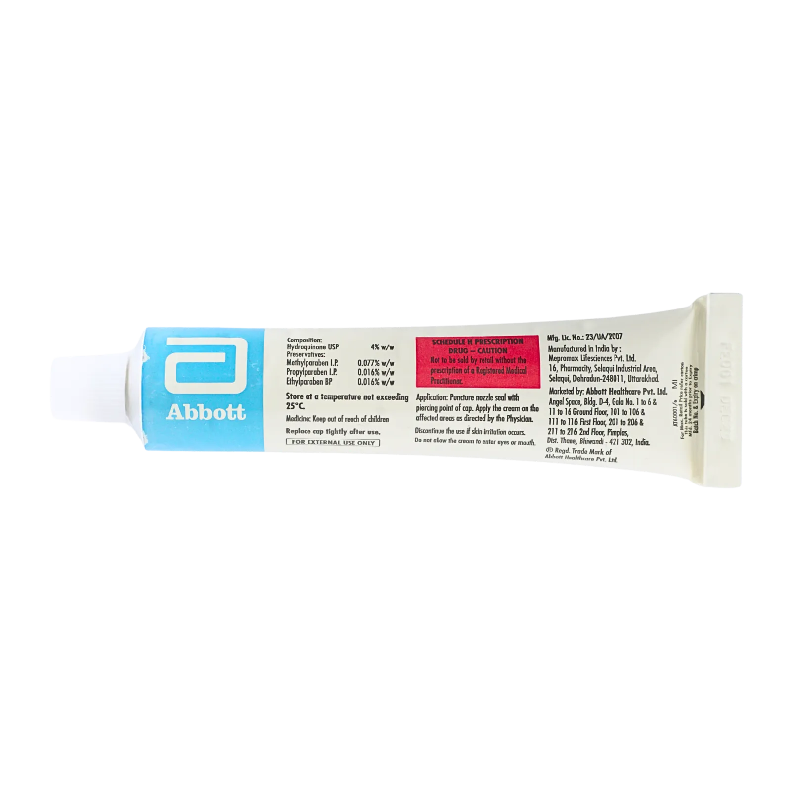 メラライトフォルテクリーム（Melalite ForteCream）のチューブ（裏面）