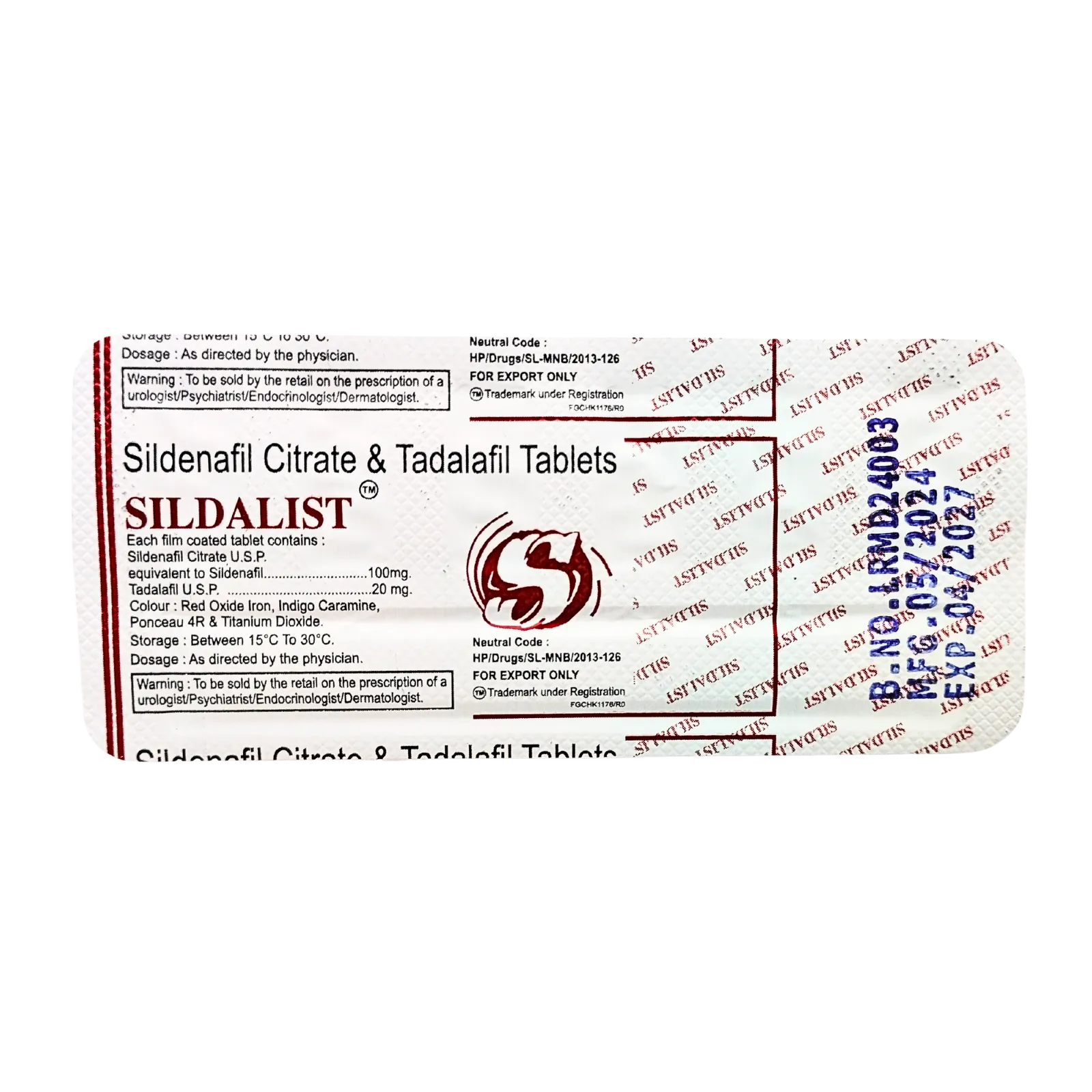 シルダリスト（SILDALIST）が6錠入っているシート（裏面）