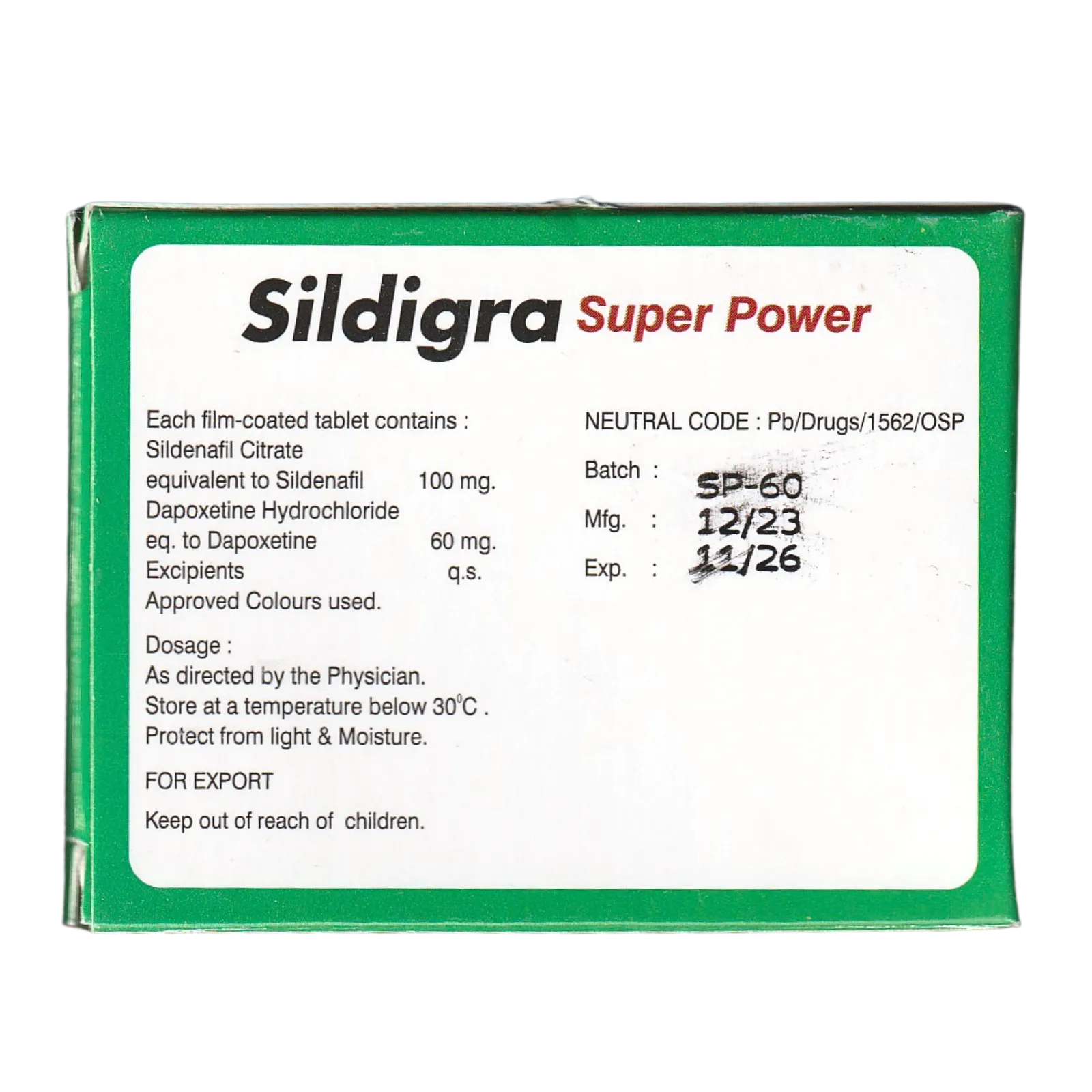 シルディグラスーパーパワー（Sildigra SUPER POWER）の箱（裏面）