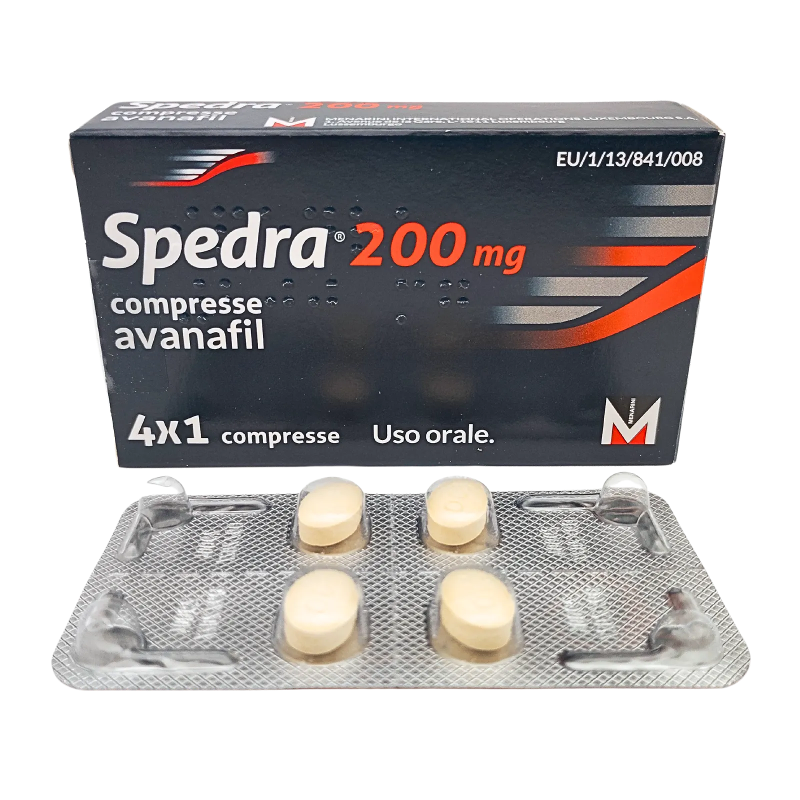 スペドラ（Spendra）（ステンドラ） 200mgが4錠入ったシートと箱（表面）