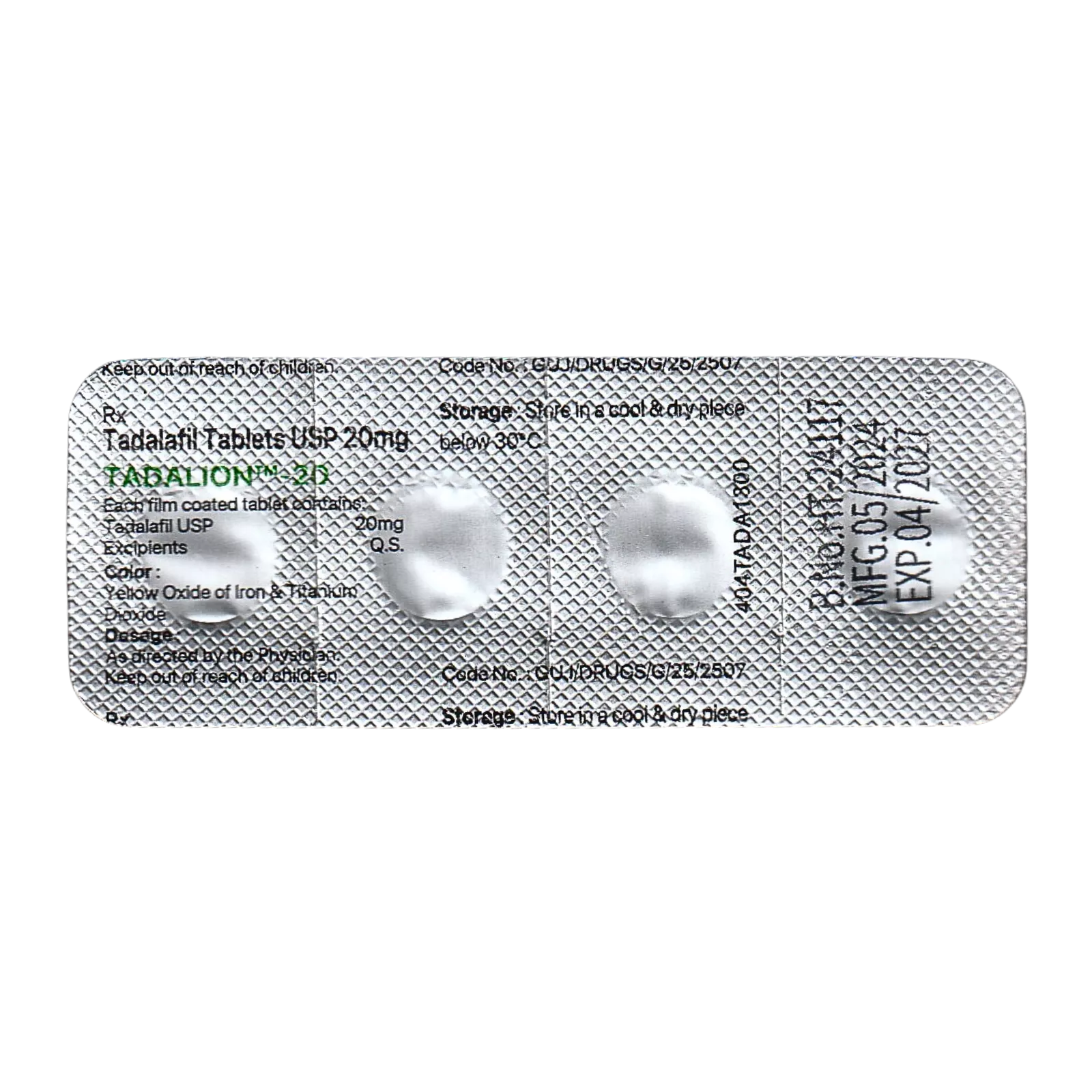 タダリオン 20mg（Tadalafil）が4錠入ったシート（裏面）