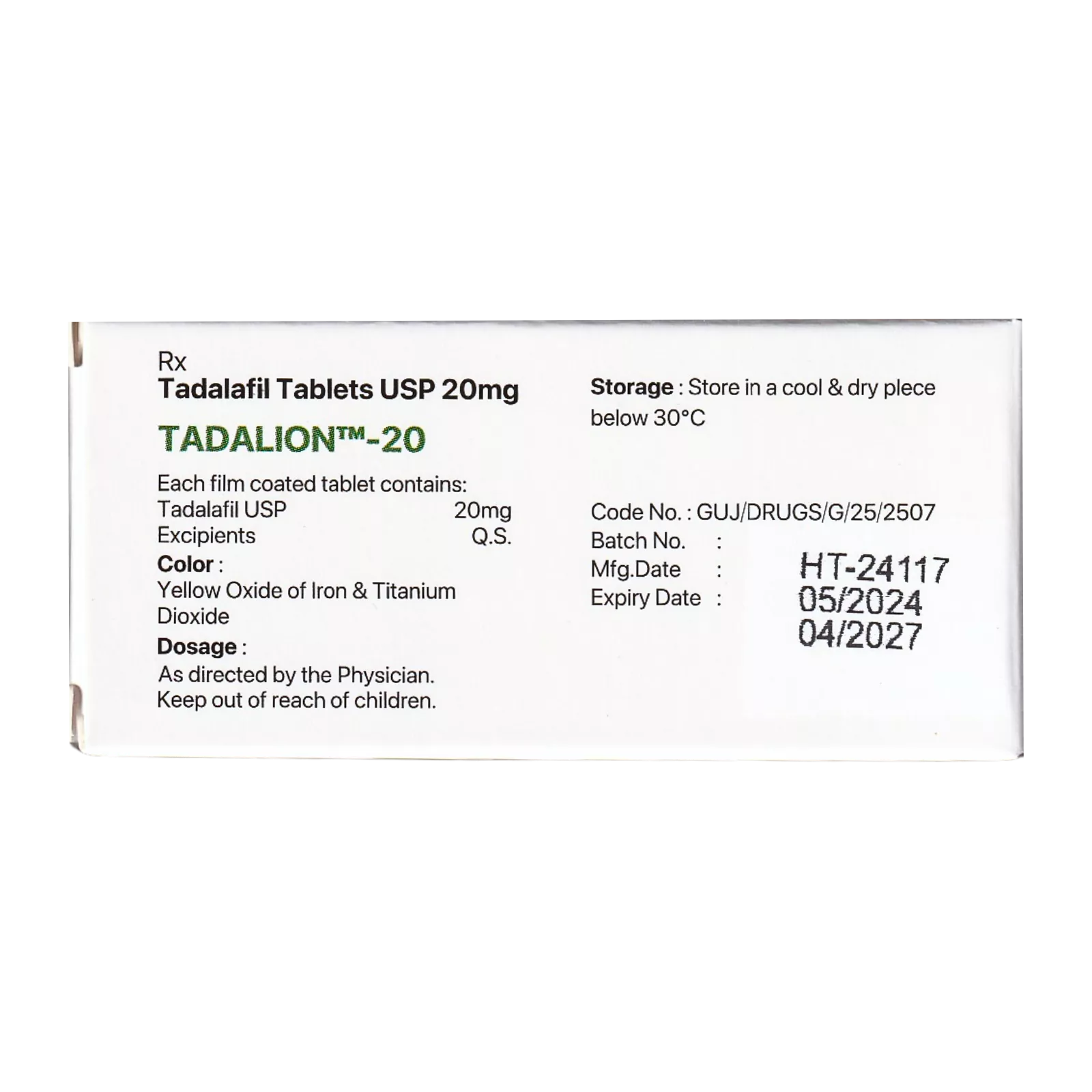 タダリオン 20mg（Tadalafil）の箱（裏面）
