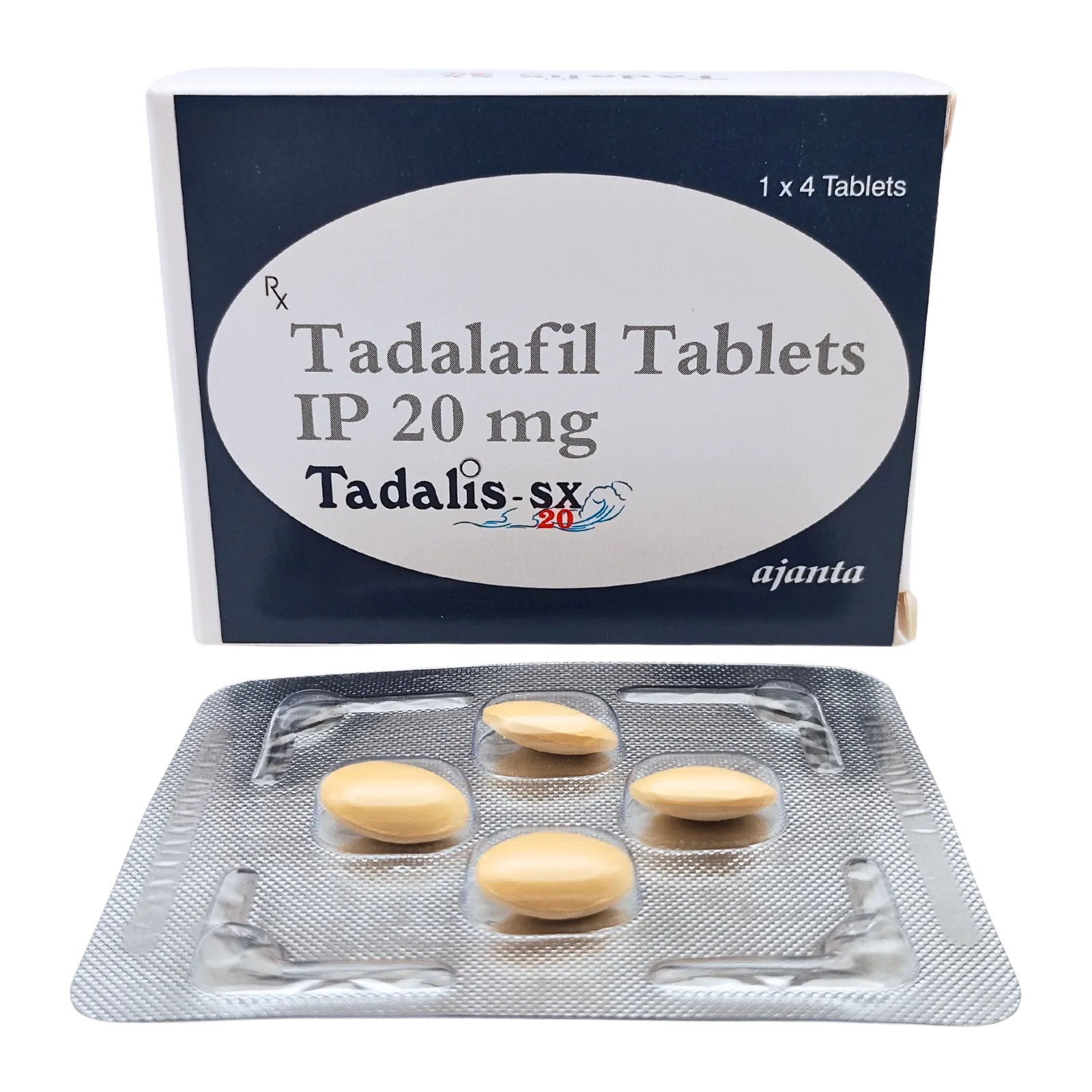 タダリスSX（Tadalis）20mgが4錠入ったシートと箱（表面）