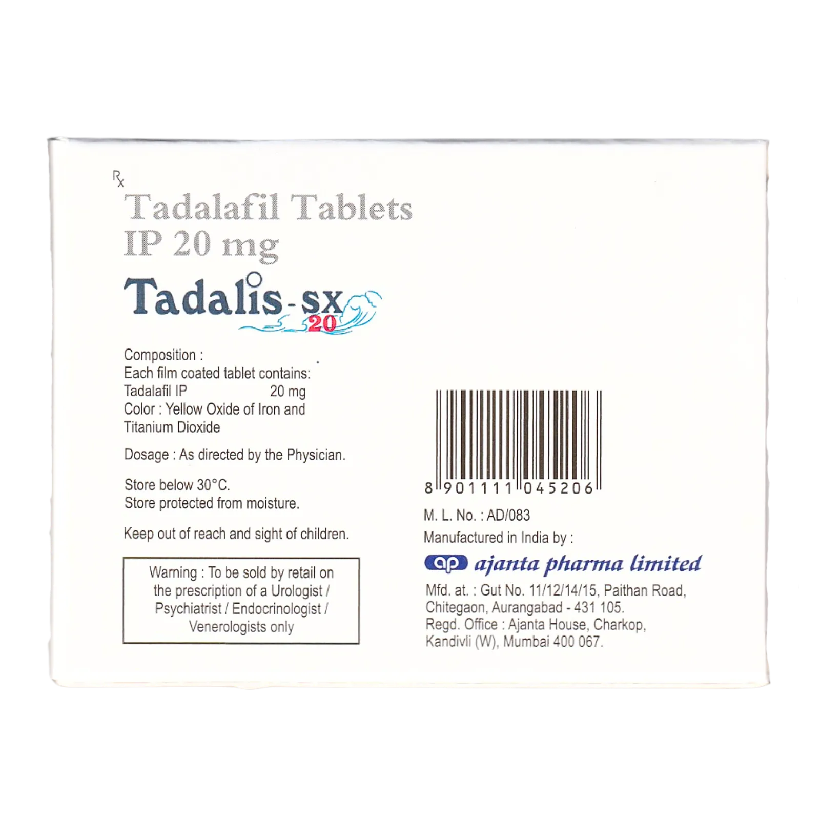 タダリスSX（Tadalis）20mgの箱（裏面）