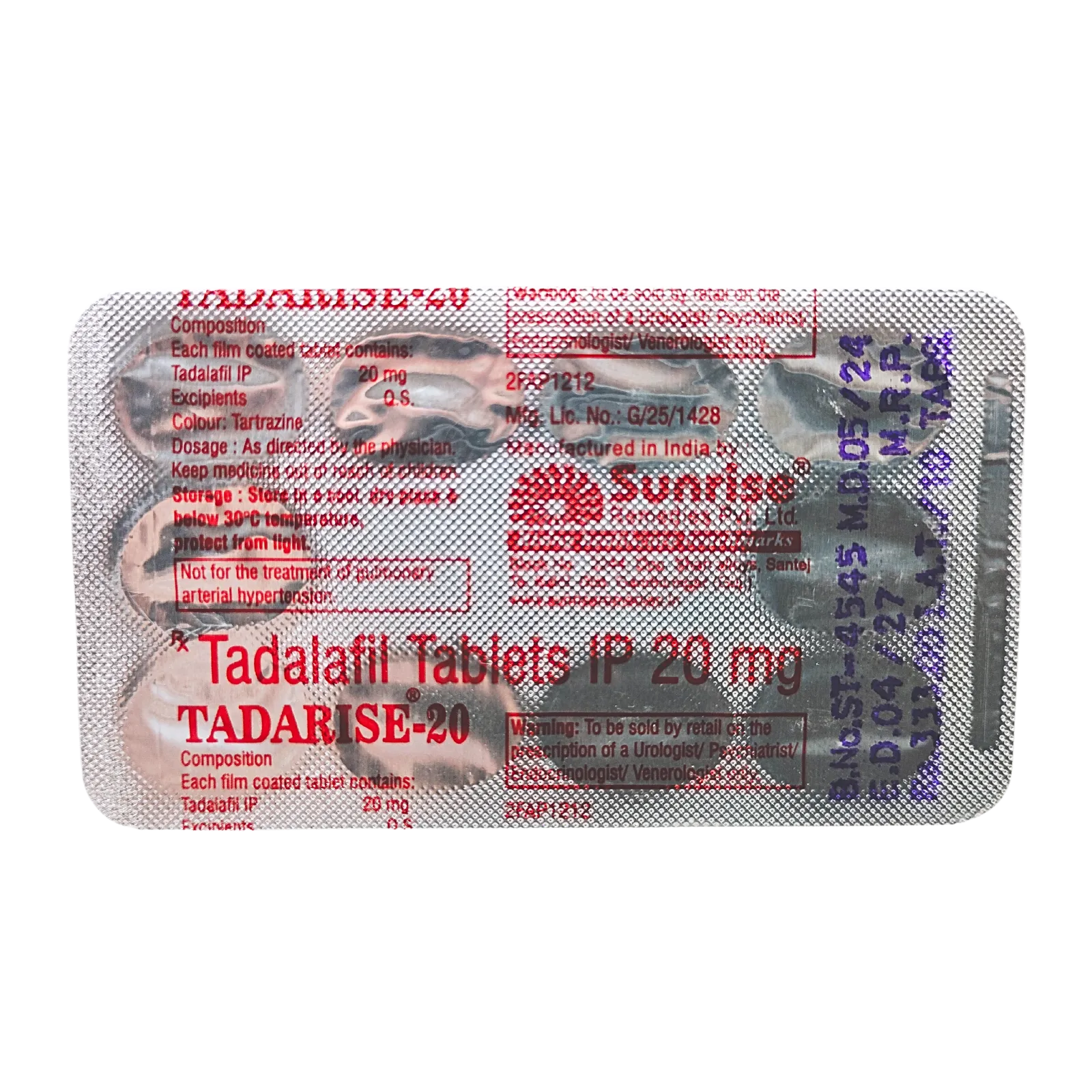 タダライズ（Tadalafil）20mgが10錠入ったシート（裏面）