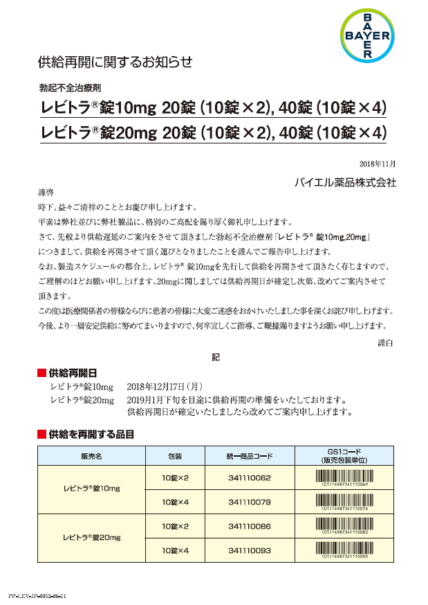 レビトラ10mg錠 供給再開のお知らせ