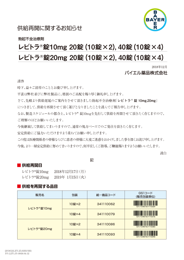 レビトラ錠 供給再開のお知らせ